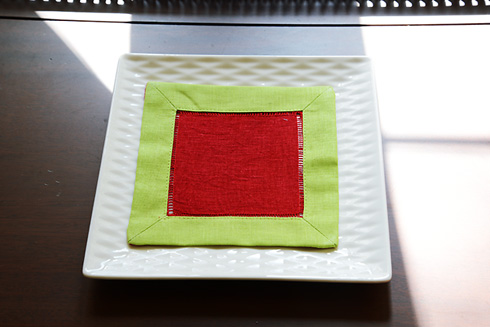 Multicolored Hemstitch Cocktail Napkins Red & Bright Green color